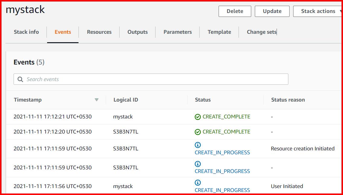 Picture showing the status of stack creation as completed